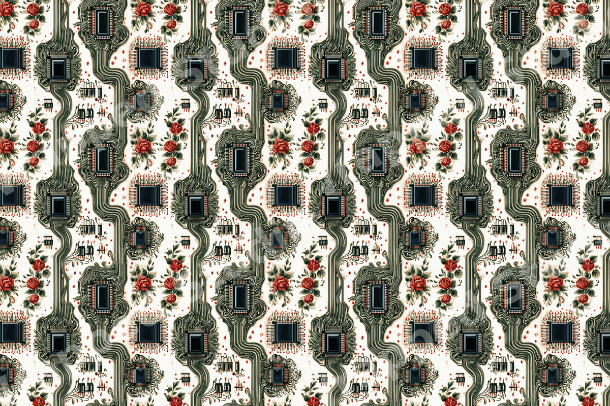 Vintage floral and green circuit board pattern with red roses and microchip details.