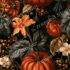 Moody vintage botanical pattern with orange pumpkins, autumn flowers, and dark foliage on a black background.