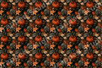 Moody vintage botanical pattern featuring orange pumpkins and autumn flowers on a black background.