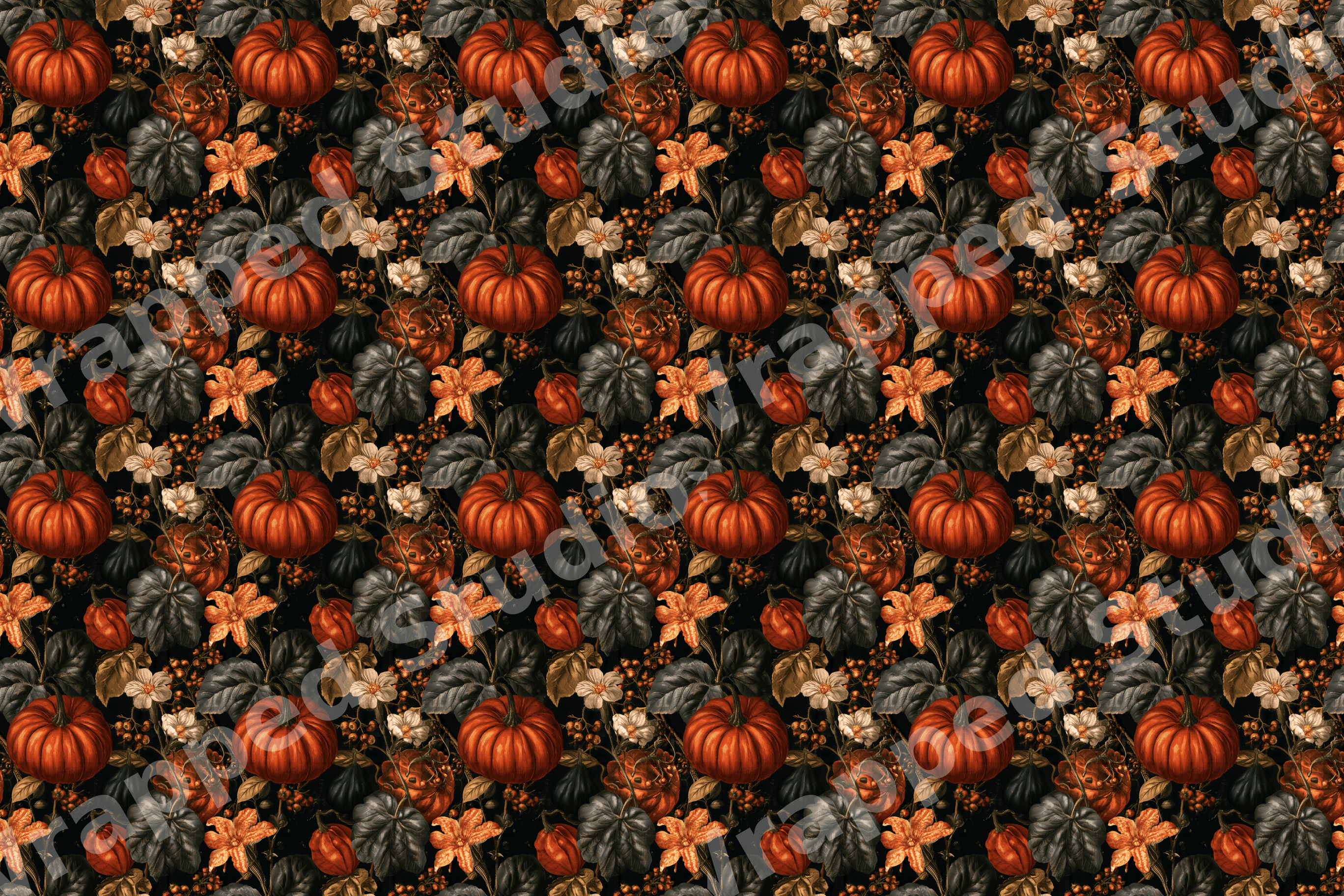 Moody vintage botanical pattern featuring orange pumpkins and autumn flowers on a black background.