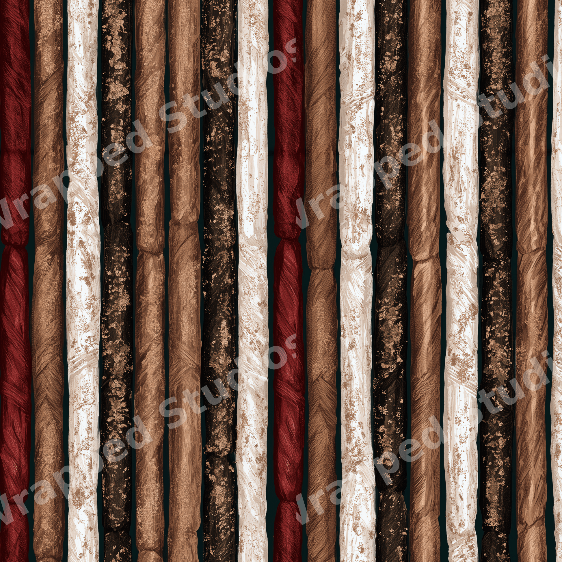 Earthy vertical stripe pattern with textured rustic lines in brown, cream, and deep burgundy.