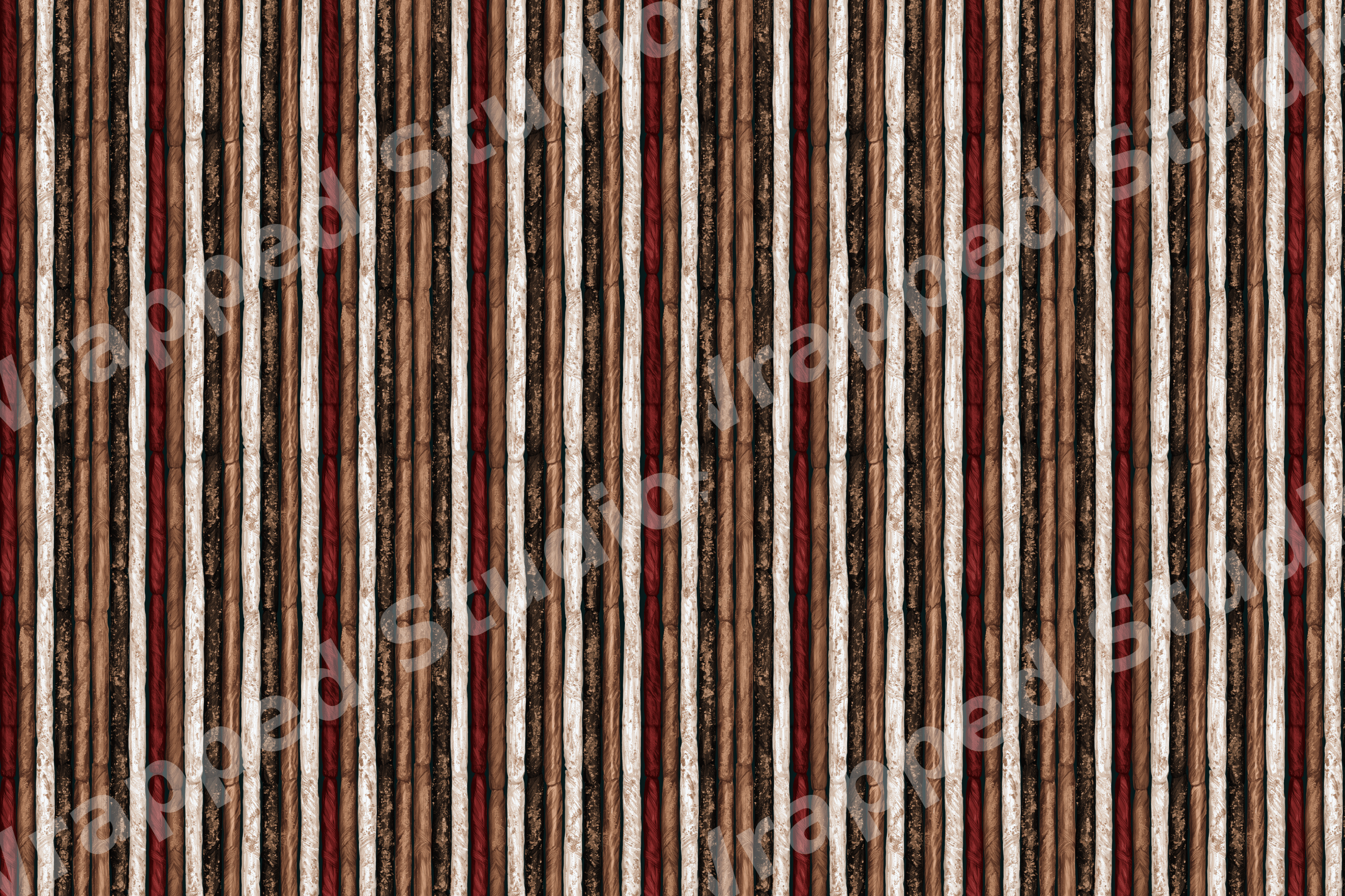 Rustic vertical stripe pattern featuring textured cords in earthy brown, cream, and burgundy red.