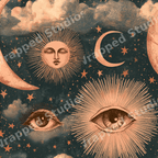 Vintage celestial pattern with sun faces, mystical eyes, crescent moons, and stars in peach and dark teal.