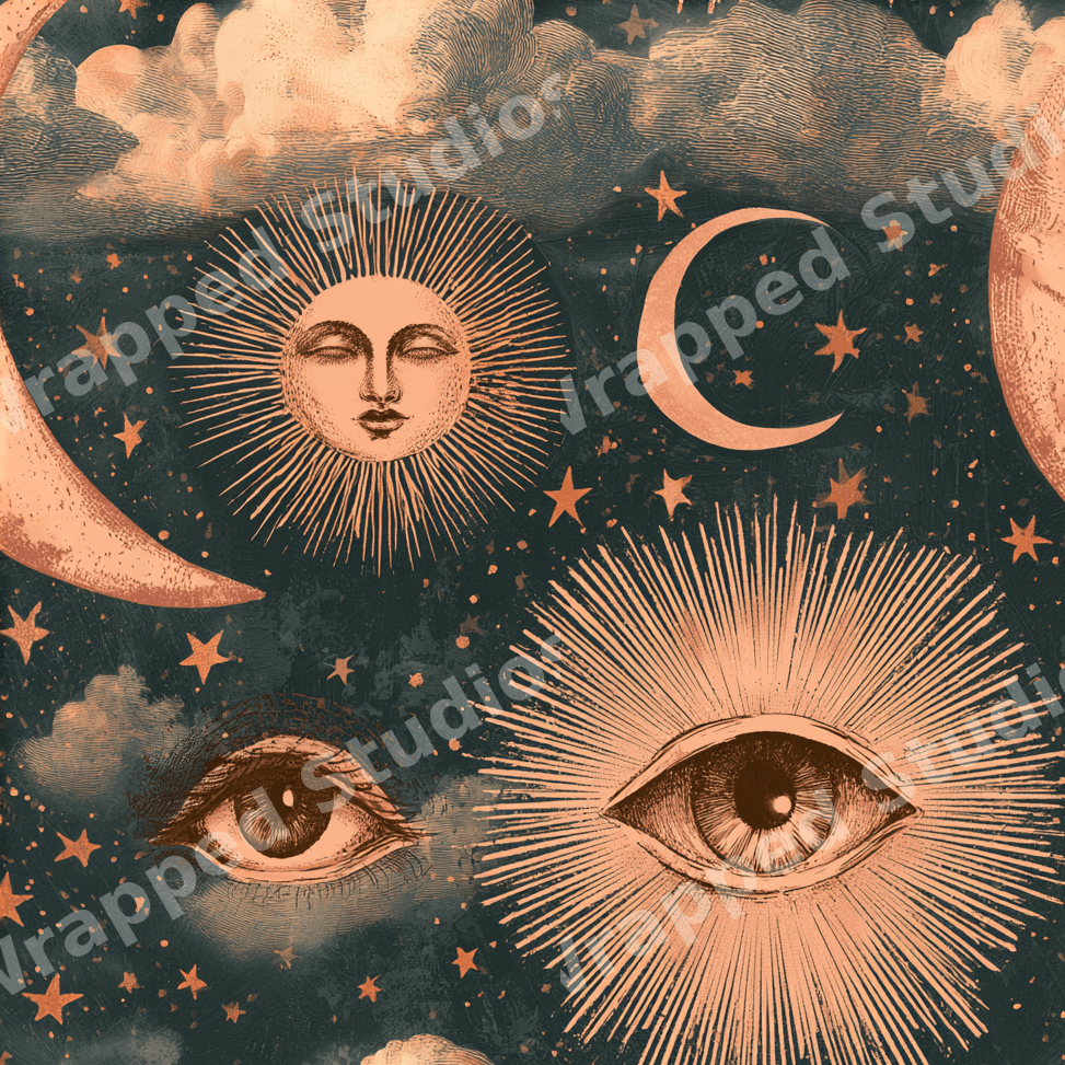 Vintage celestial pattern with sun faces, mystical eyes, crescent moons, and stars in peach and dark teal.