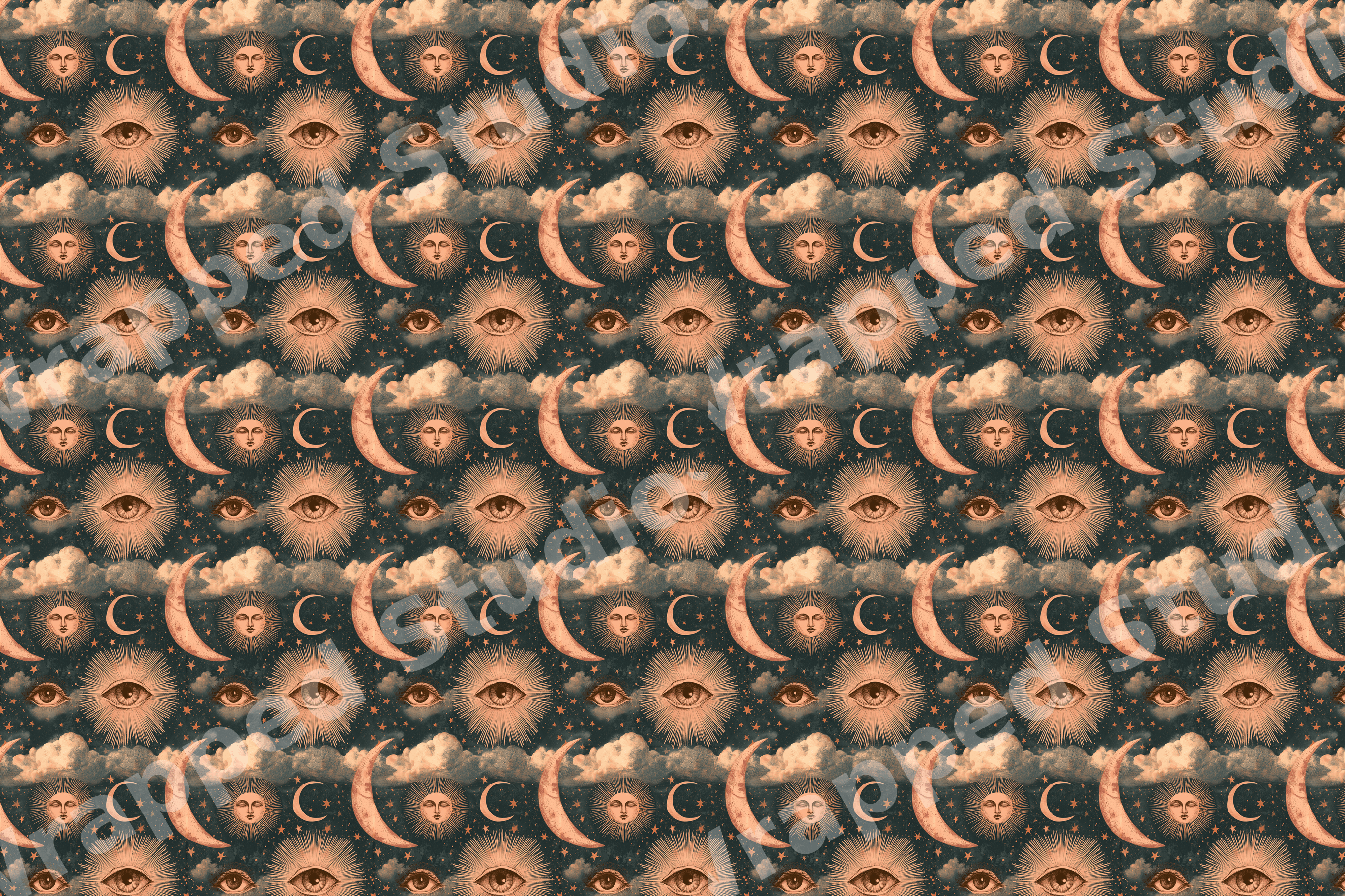 Vintage celestial pattern with mystical suns, crescent moons, and all-seeing eyes on a dark starry background.
