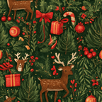 Vintage woodland Christmas pattern with hand-drawn deer, green pine branches, and festive red berries.