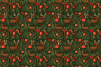 Vintage Christmas pattern with hand-drawn deer, red gift boxes, ornaments, and green holiday foliage.