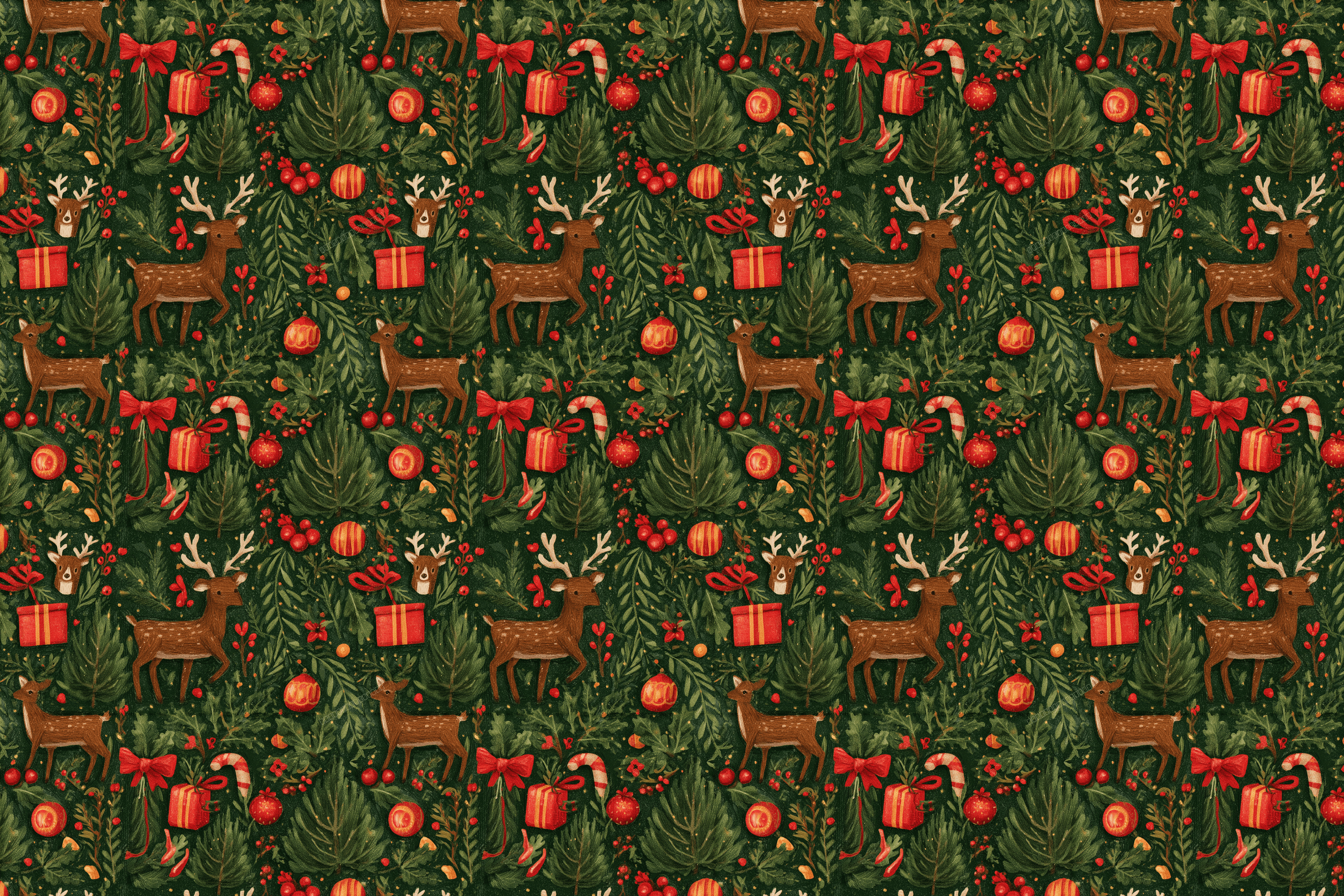 Vintage Christmas pattern with hand-drawn deer, red gift boxes, ornaments, and green holiday foliage.