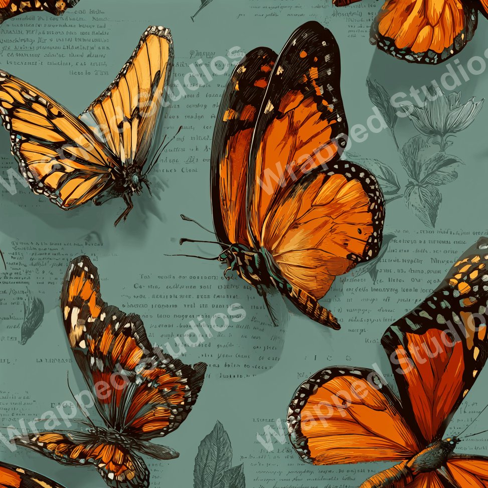 Detailed monarch butterfly pattern with orange, black, and teal vintage aesthetic.