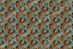 Seamless butterfly pattern with orange and black wings on a muted teal background.