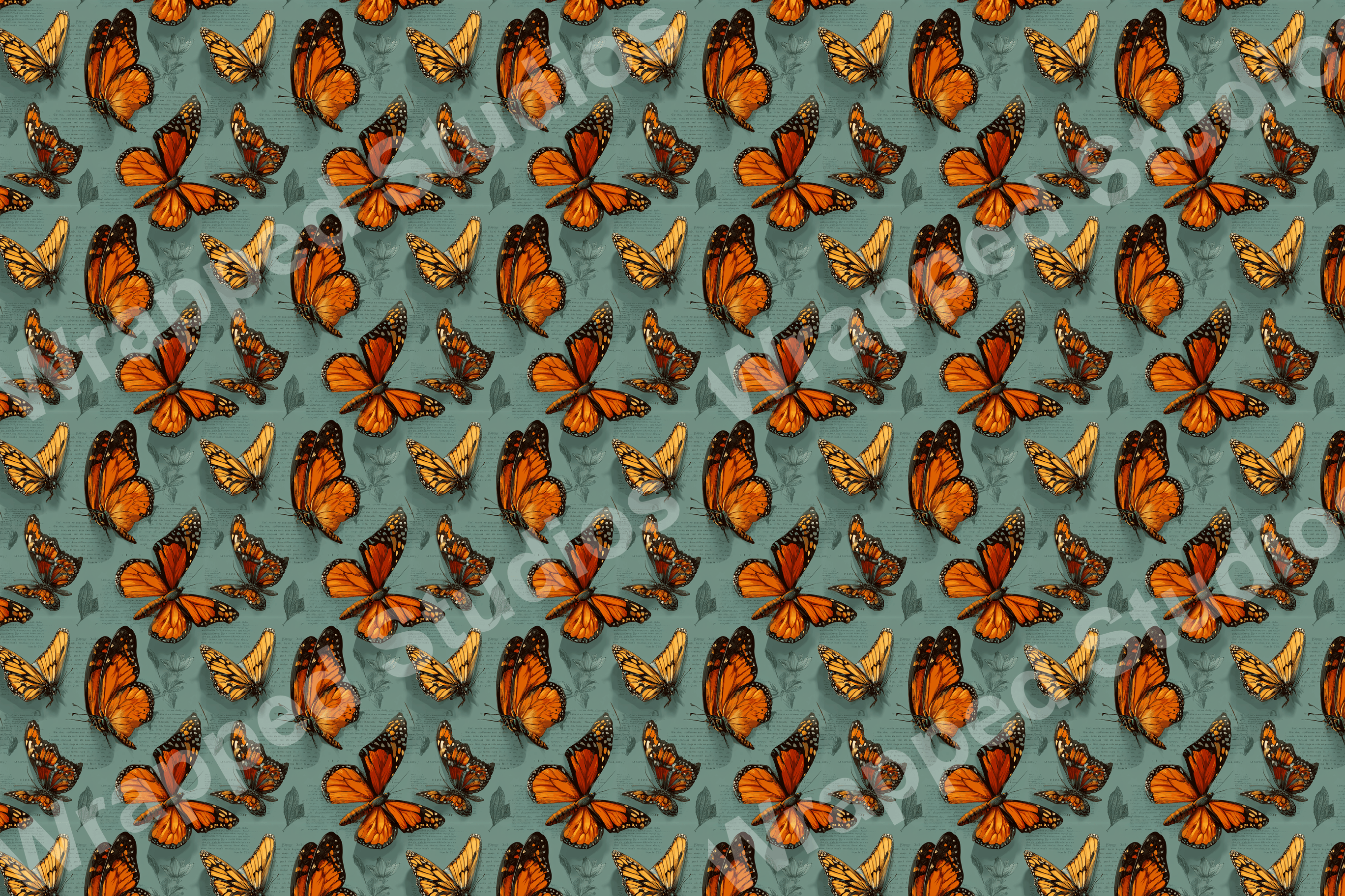 Seamless butterfly pattern with orange and black wings on a muted teal background.