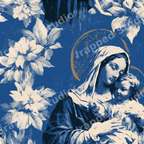 Vintage religious pattern of Madonna and Child with cream florals and gold halos on a blue background.