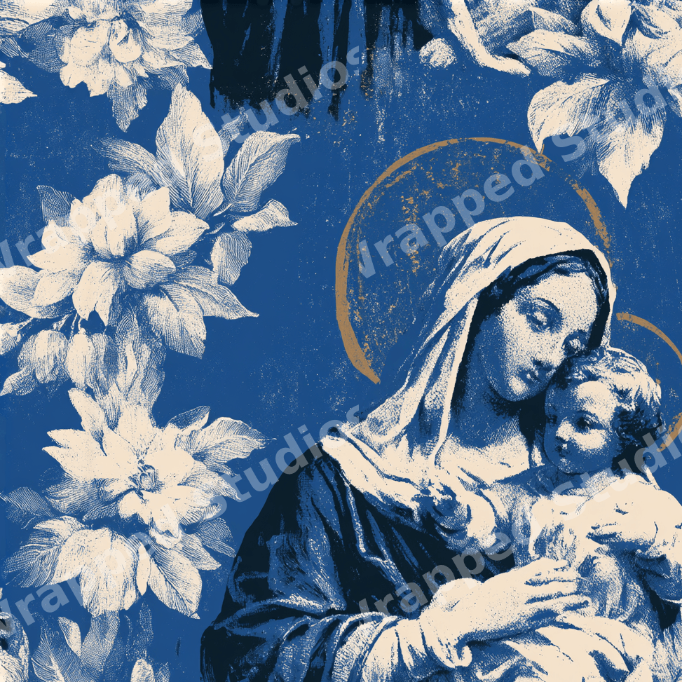 Vintage religious pattern of Madonna and Child with cream florals and gold halos on a blue background.