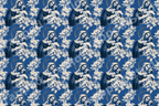 Vintage Madonna and Child religious pattern with cream florals on a classic blue background.
