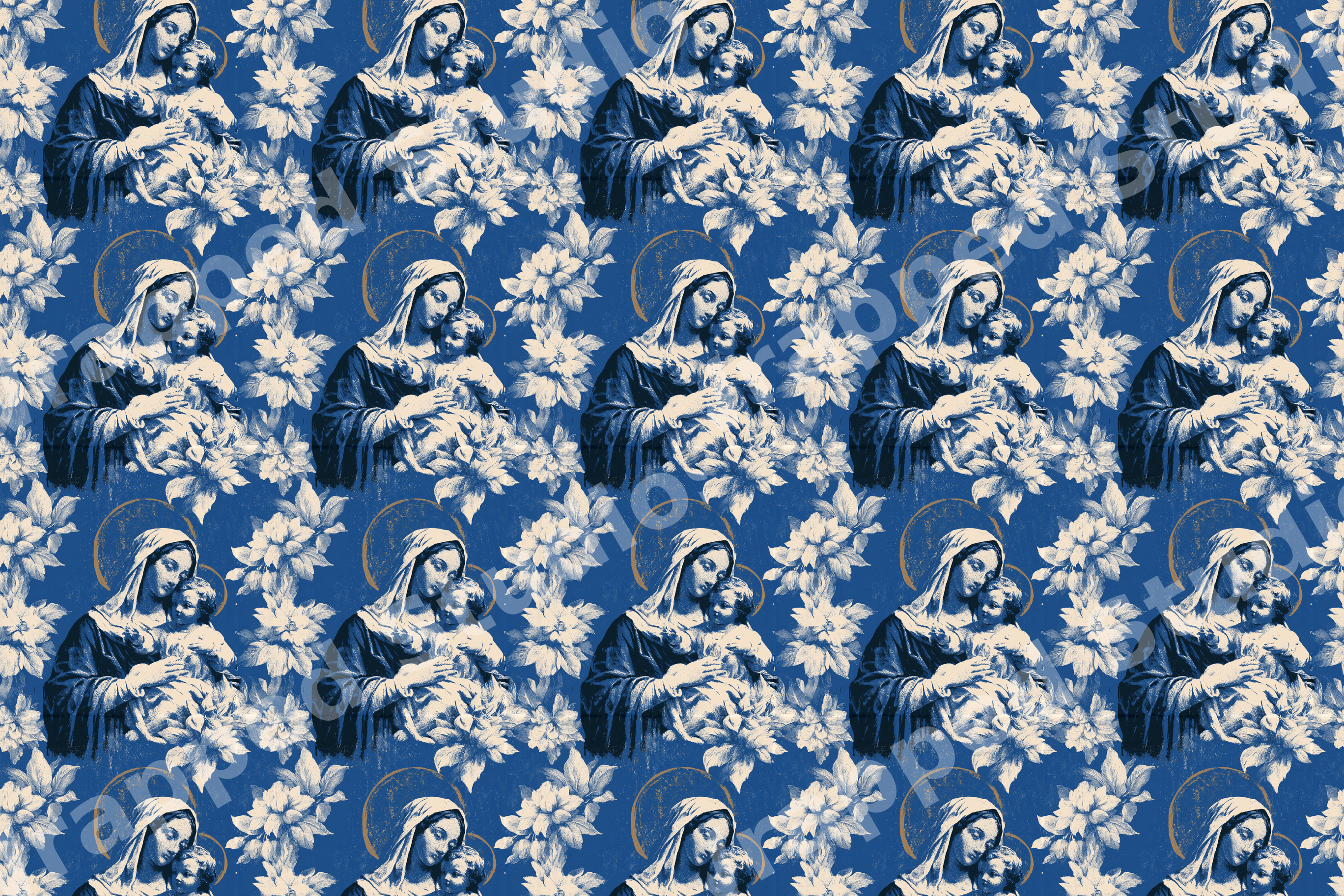 Vintage Madonna and Child religious pattern with cream florals on a classic blue background.