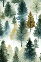 Watercolor tree pattern design with evergreen, blue, and tan woodland elements.