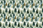 Watercolor forest pattern with evergreen trees in shades of blue, green, and gold.