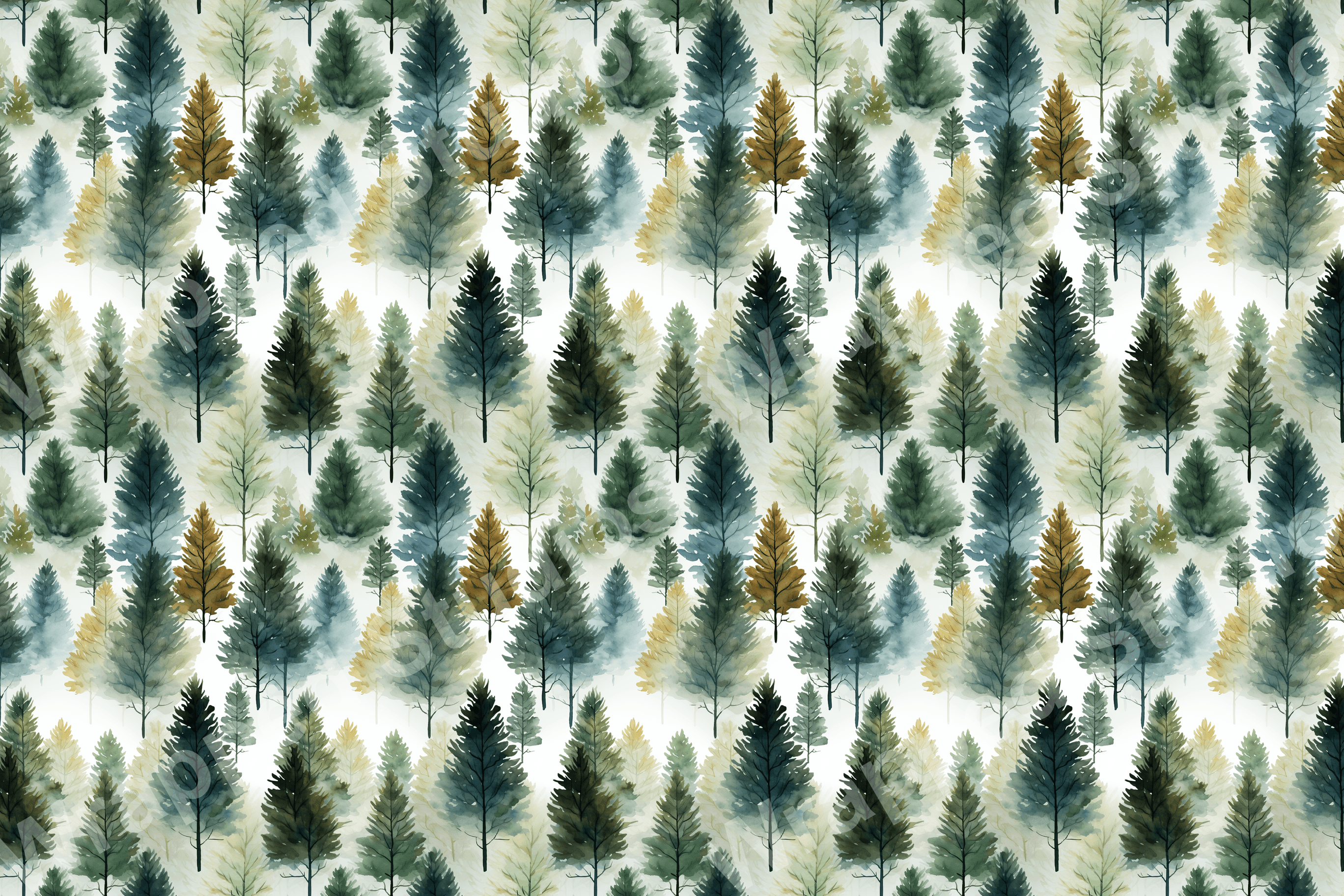 Watercolor forest pattern with evergreen trees in shades of blue, green, and gold.
