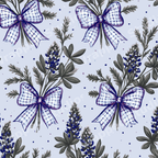 Vintage botanical floral pattern of blue lupine bouquets and plaid bows on a light blue background.