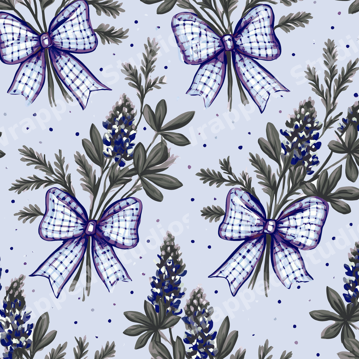 Vintage botanical floral pattern of blue lupine bouquets and plaid bows on a light blue background.