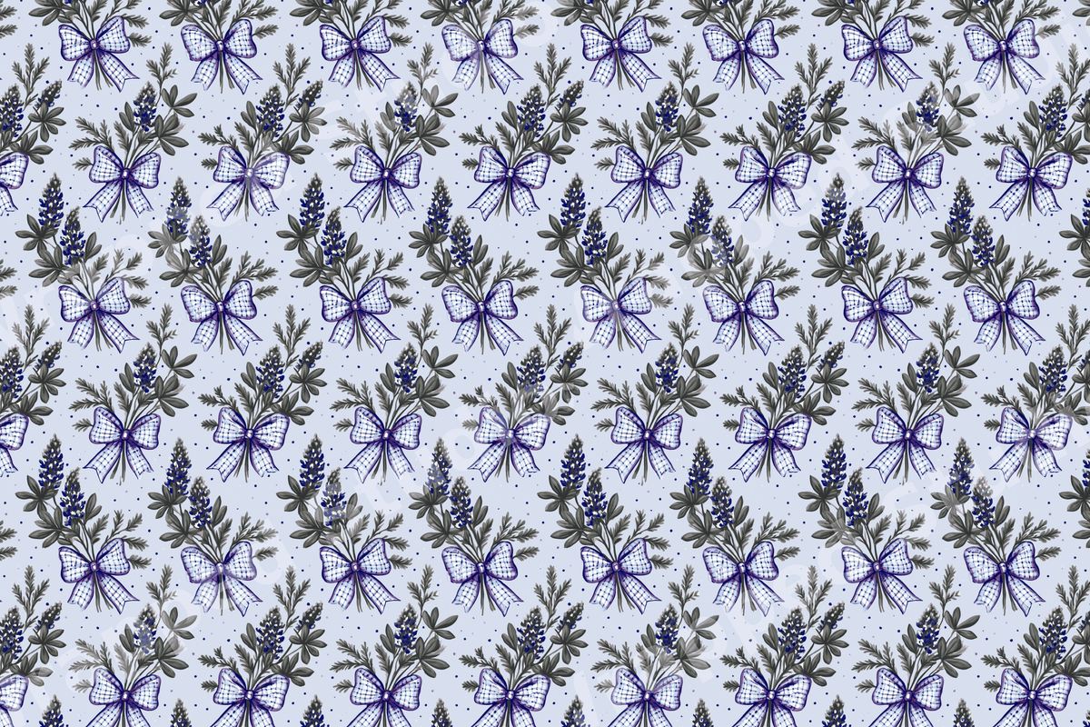 Vintage botanical floral pattern of bluebonnet bouquets with gingham bows on a dusty blue background.
