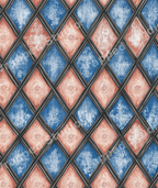 Rustic geometric pattern of distressed blue and terracotta wood textured diamonds in a dark lattice.