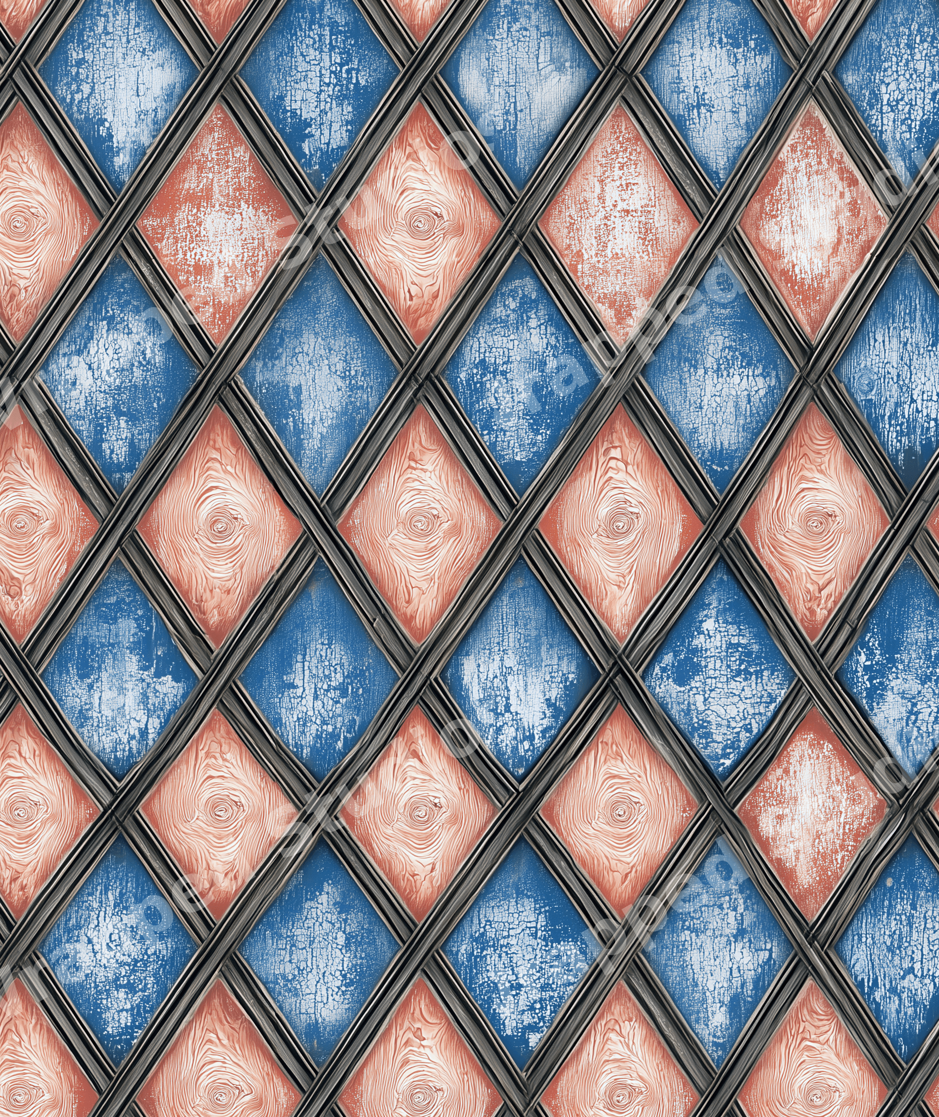 Rustic geometric pattern of distressed blue and terracotta wood textured diamonds in a dark lattice.