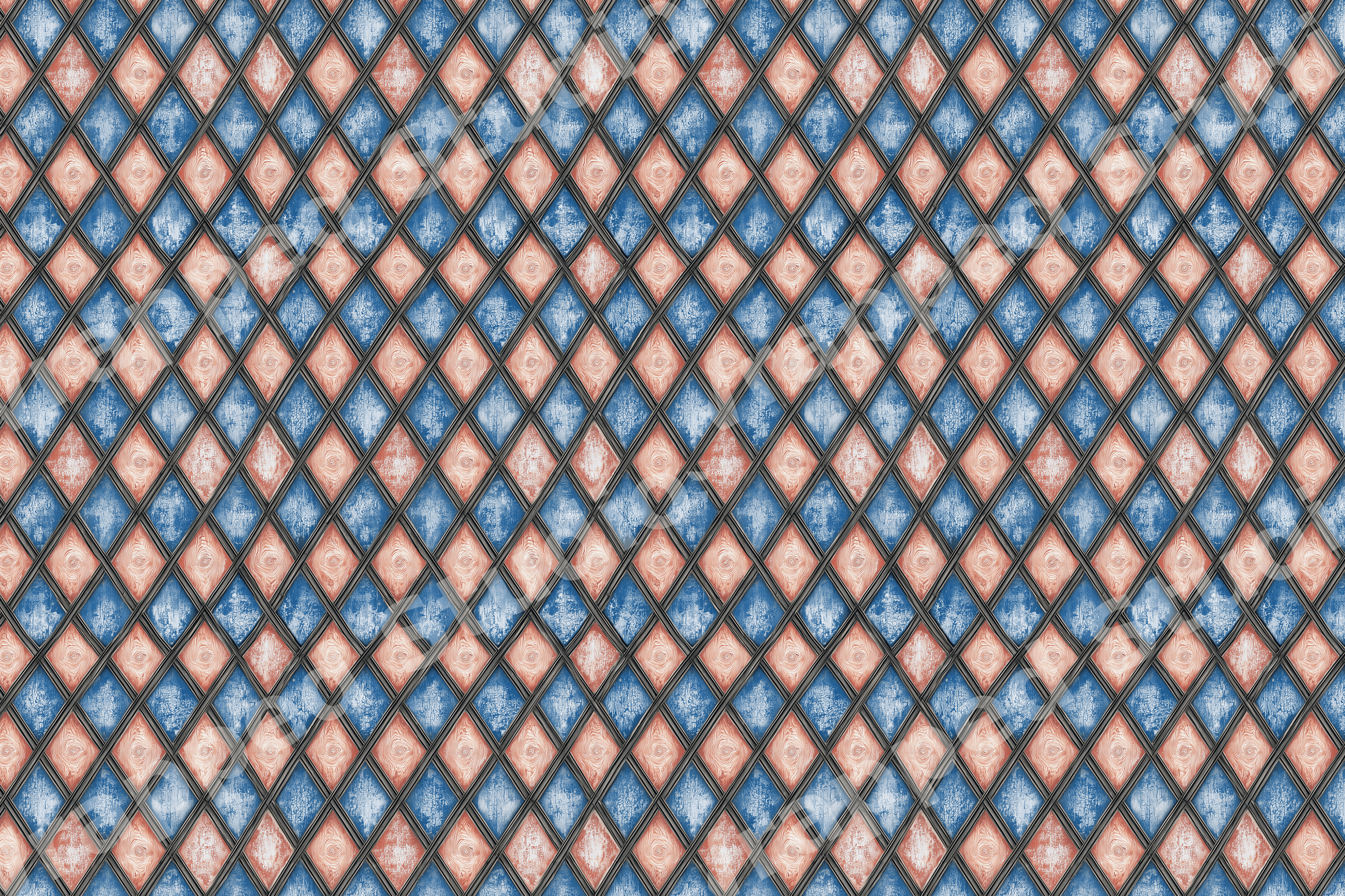 Vintage geometric pattern with distressed blue and peach woodgrain diamonds in a harlequin design.