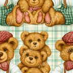 Vintage teddy bear pattern featuring illustrated brown bears in red plaid hats on a green tartan background.