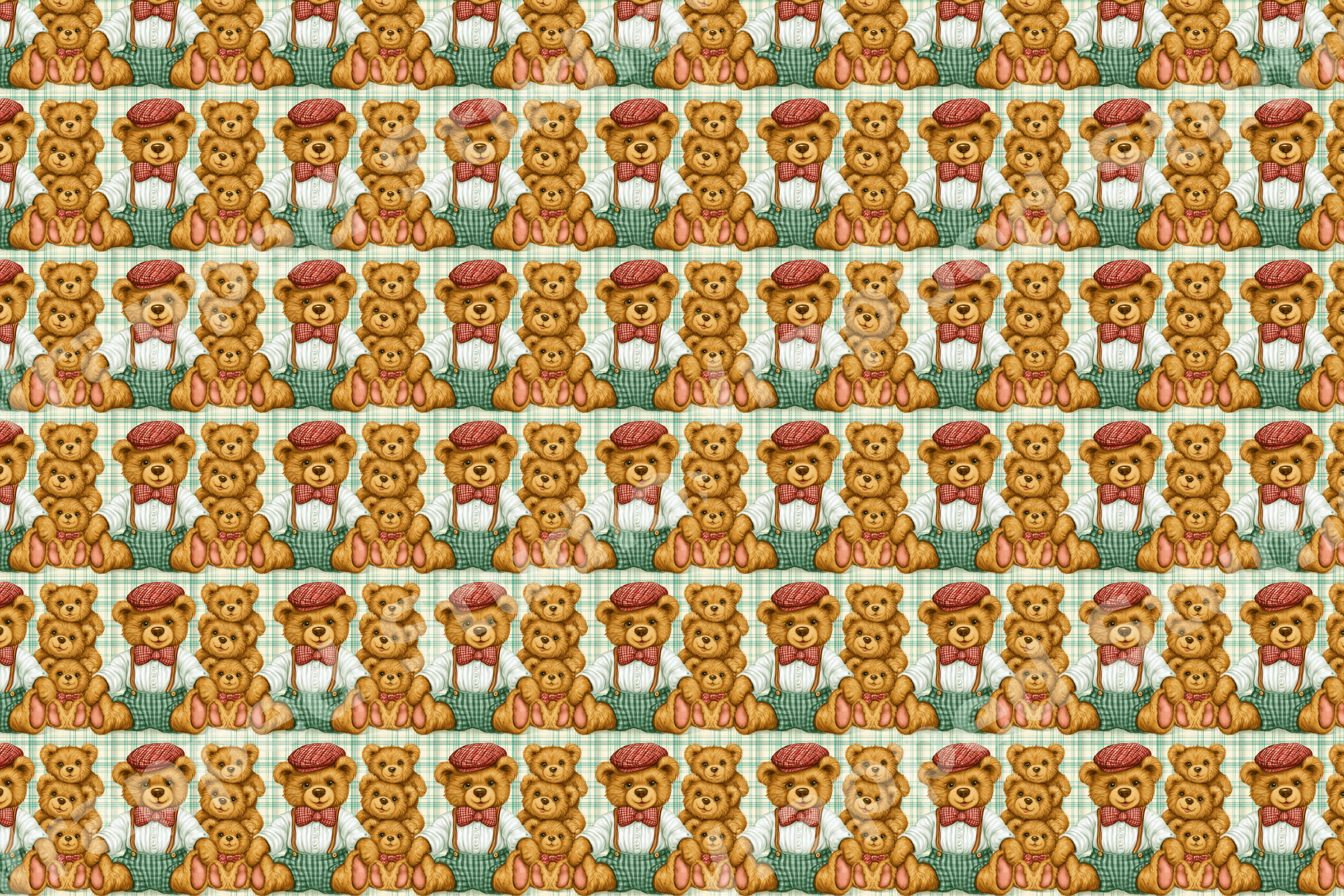 Classic vintage teddy bear pattern with cute illustrated toy bears on a green plaid background.