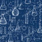 Seamless blueprint pattern with hand-drawn white chemistry flasks and formulas on a navy blue grid background.