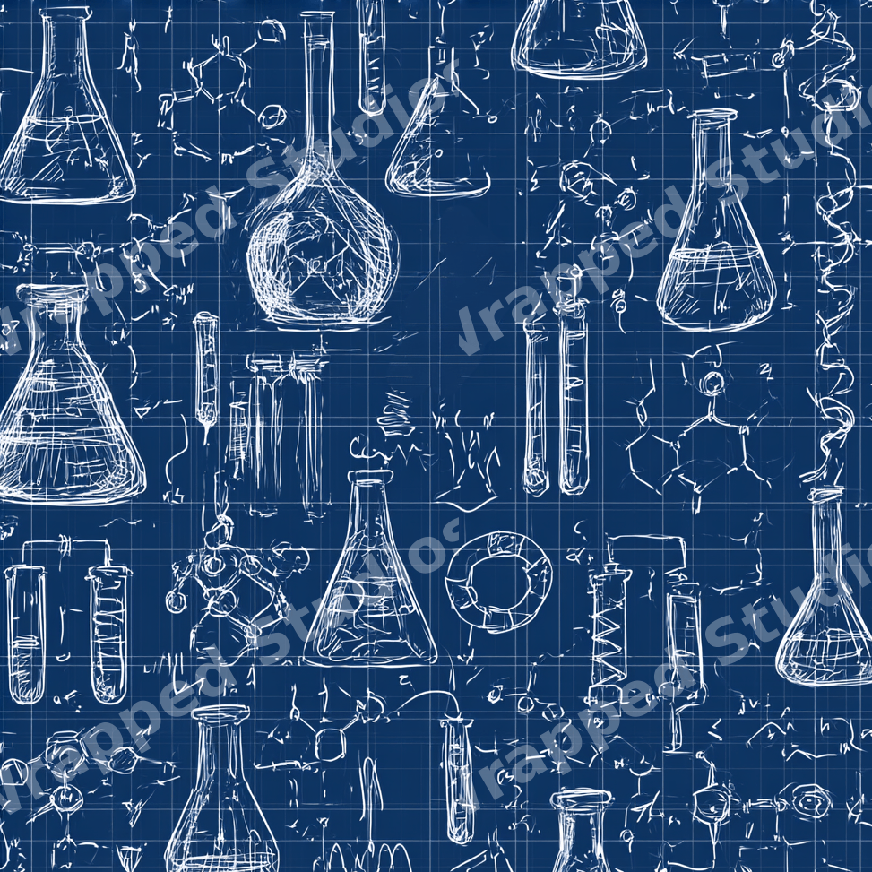 Seamless blueprint pattern with hand-drawn white chemistry flasks and formulas on a navy blue grid background.