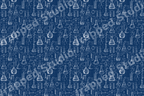 Science blueprint pattern with white hand-drawn chemistry flasks and molecular structures on navy blue.