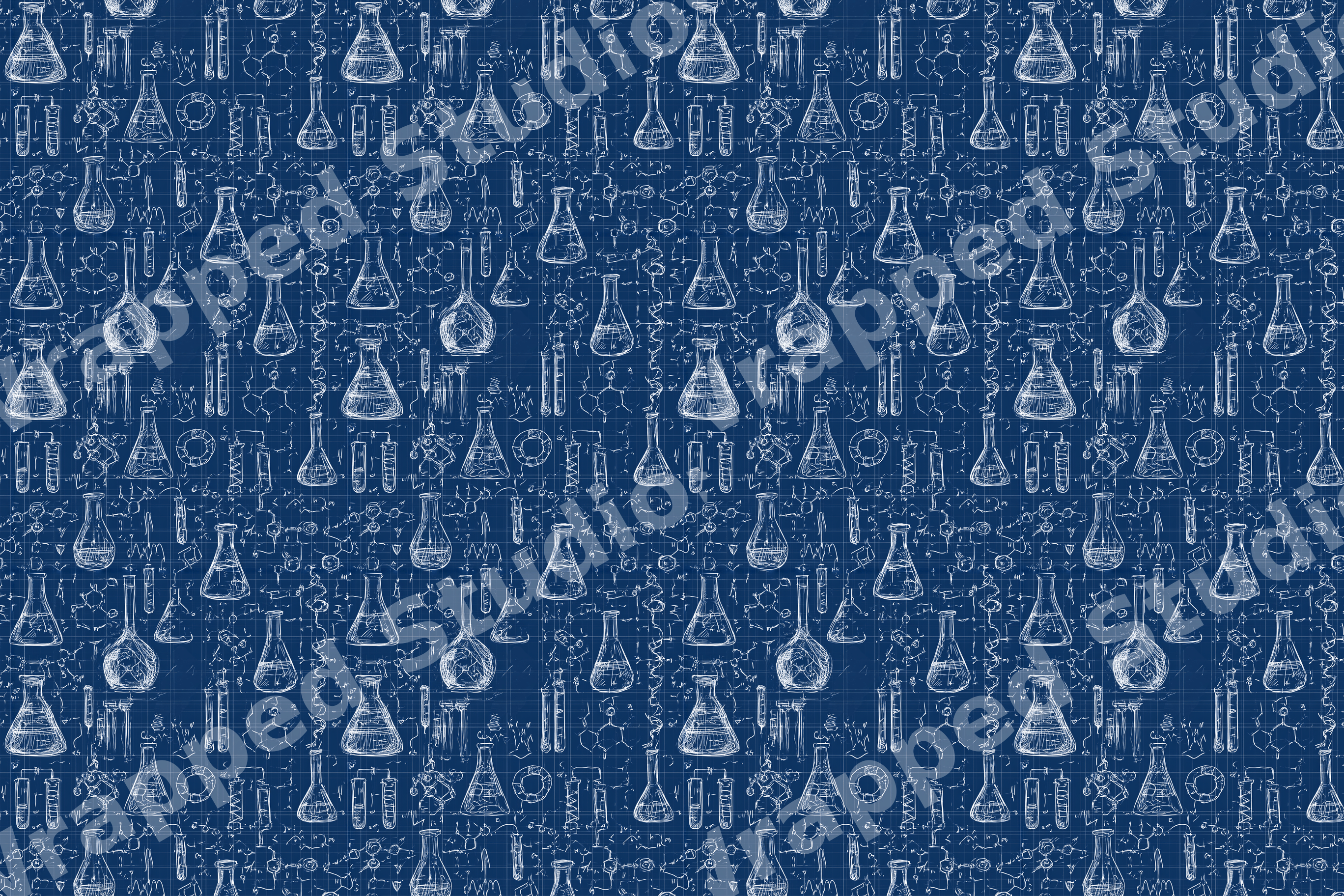 Science blueprint pattern with white hand-drawn chemistry flasks and molecular structures on navy blue.