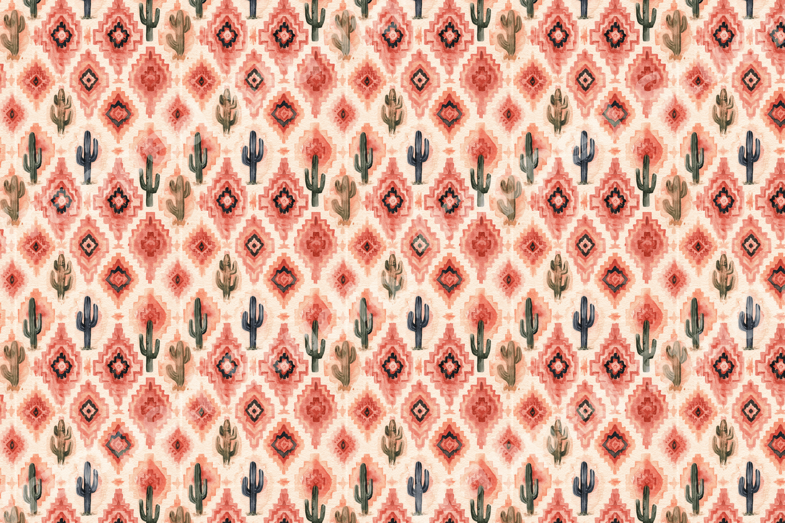 Watercolor southwestern pattern with terracotta geometric ikat diamonds and green saguaro cacti.