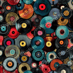 Retro vinyl record pattern design in bold red, teal, black, and orange hues.