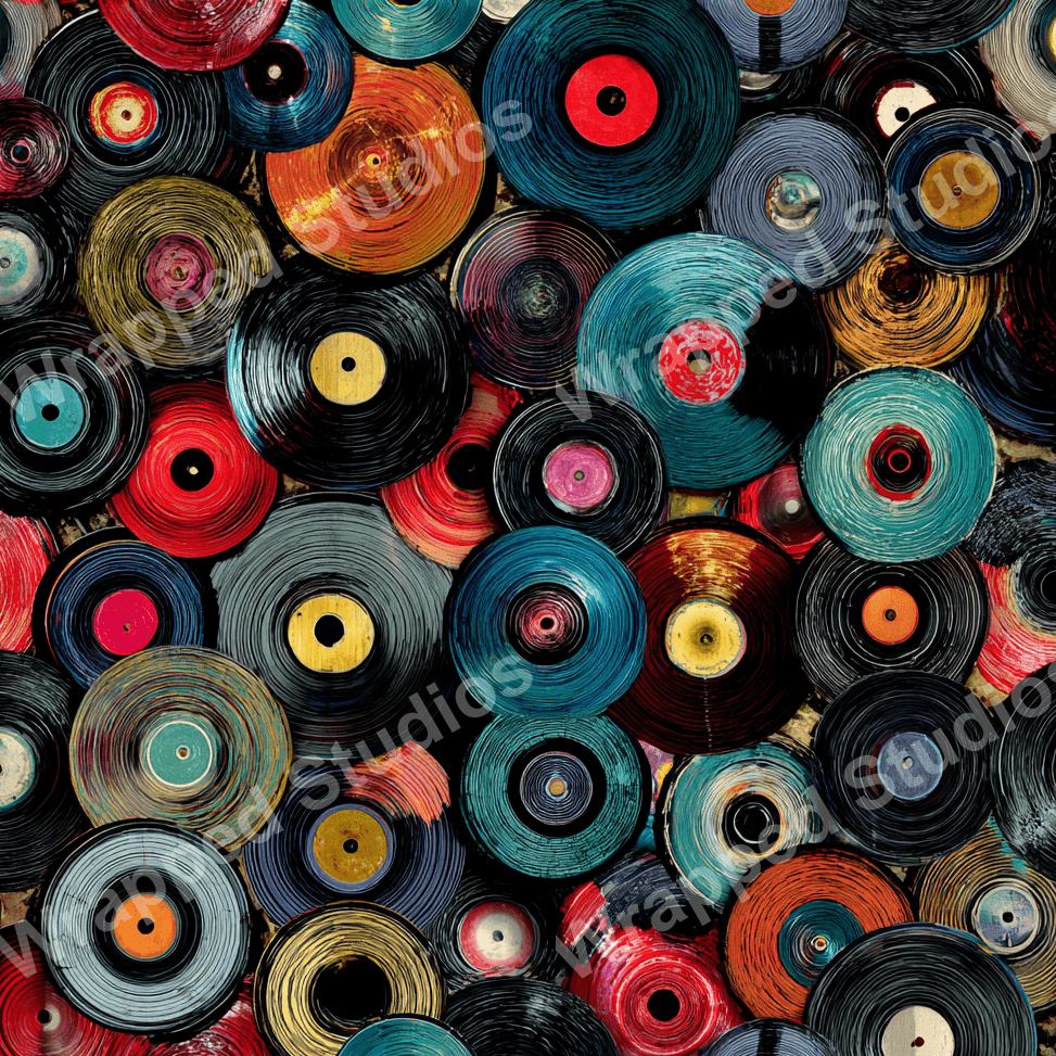 Retro vinyl record pattern design in bold red, teal, black, and orange hues.