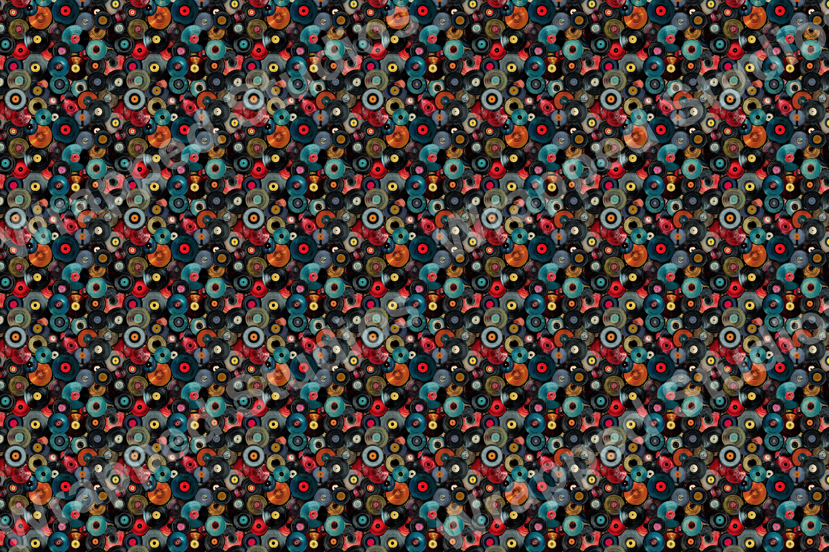 Seamless surface pattern of colorful vintage-style vinyl records in shades of blue, red, brown, and black.