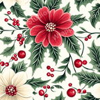 Red and cream floral pattern with holly leaves and berries, a festive botanical design.