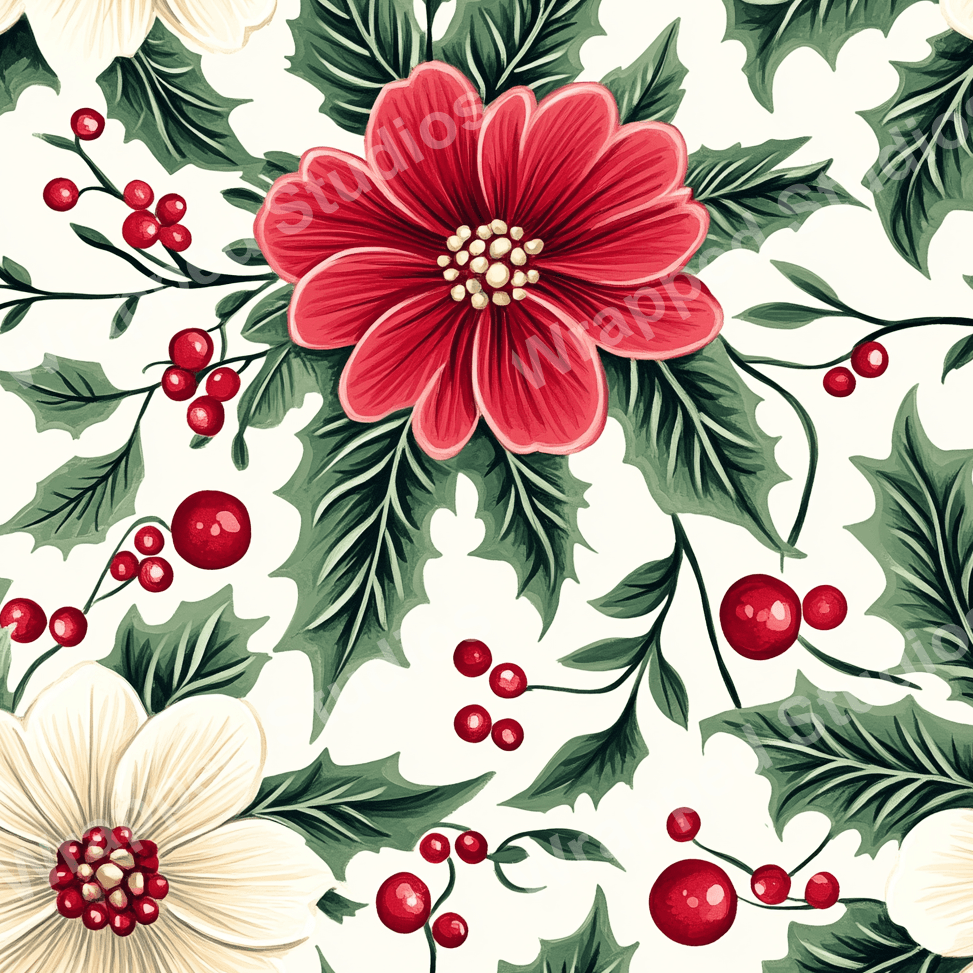 Red and cream floral pattern with holly leaves and berries, a festive botanical design.