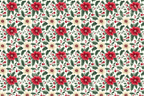 Elegant holiday pattern with red and cream flowers, holly leaves, and berries.