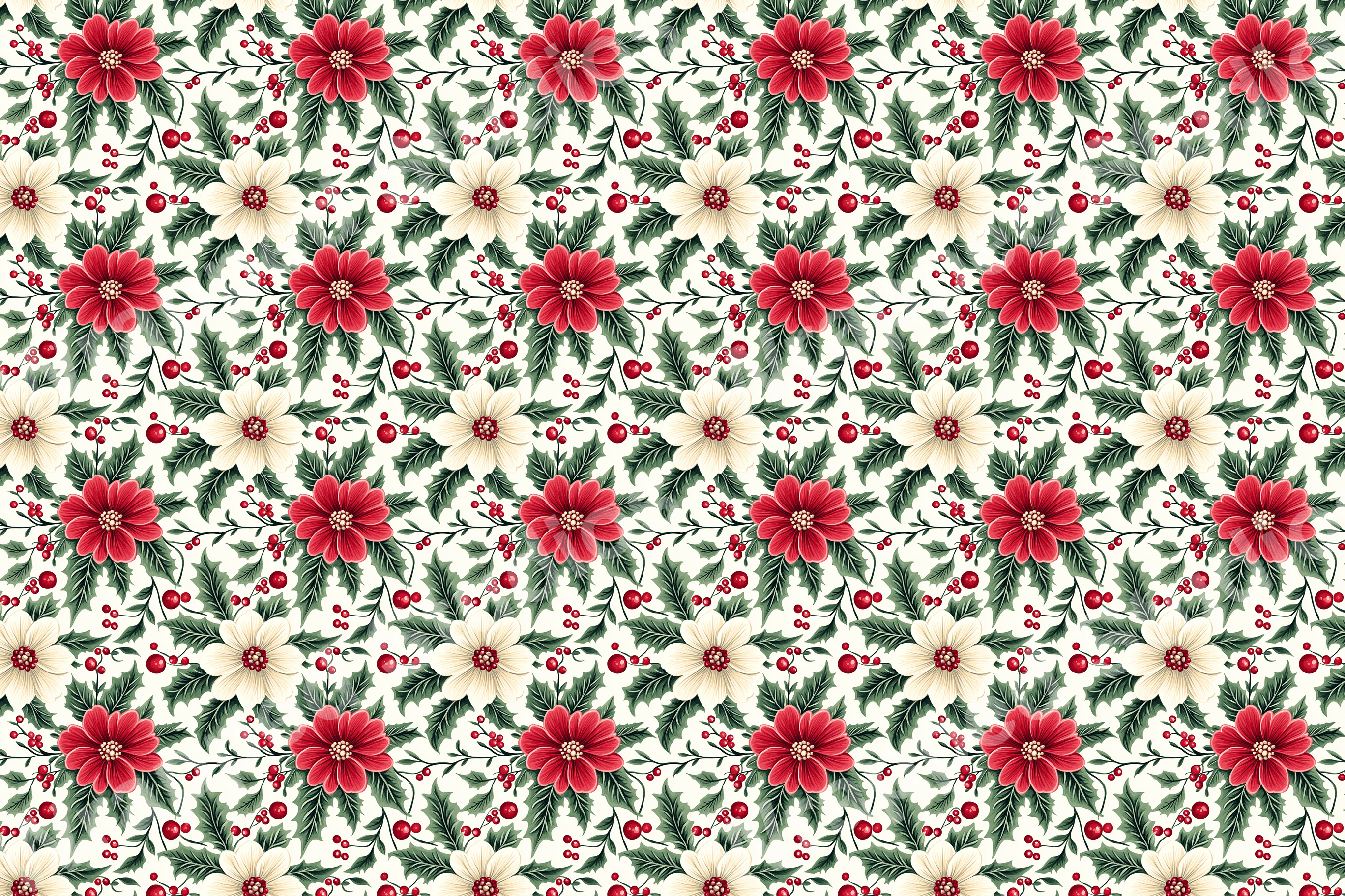 Elegant holiday pattern with red and cream flowers, holly leaves, and berries.