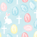 Cute Easter pattern with a white bunny, pastel hand-drawn eggs, and Christian crosses on a light blue background.