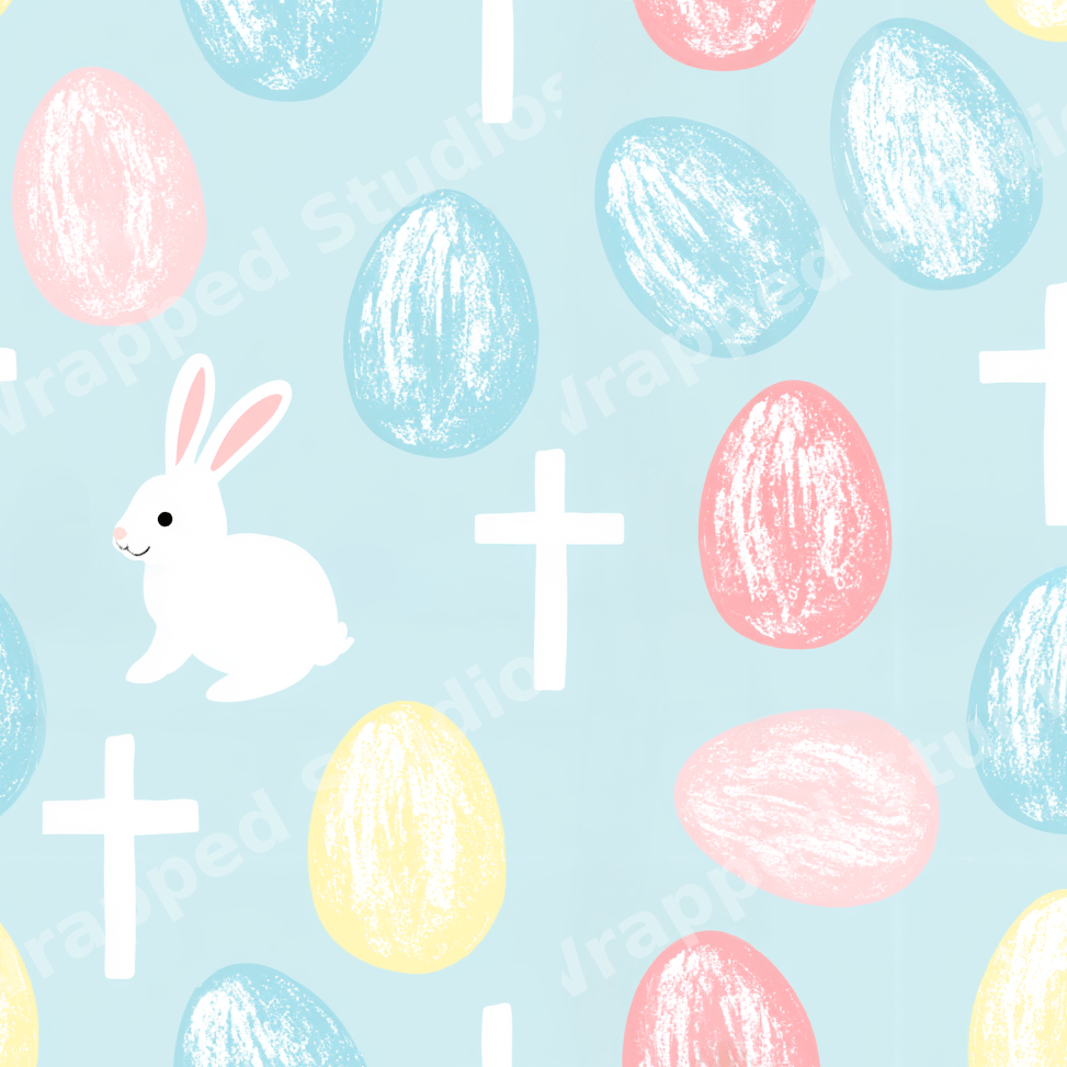 Cute Easter pattern with a white bunny, pastel hand-drawn eggs, and Christian crosses on a light blue background.