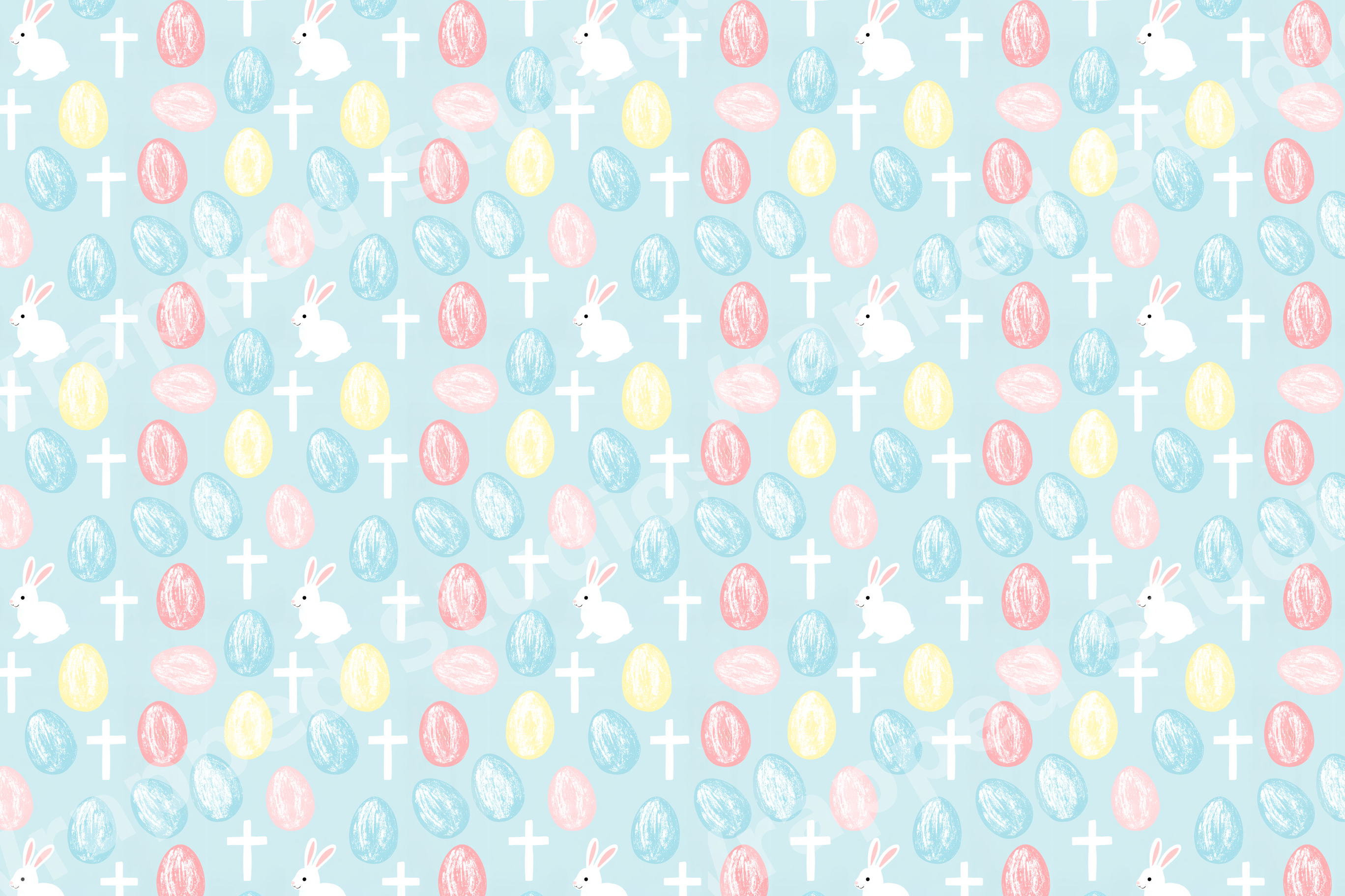 Christian Easter pattern with white bunnies, crosses, and pastel eggs on a light blue background.