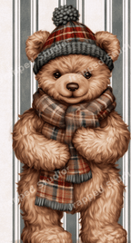 Vintage teddy bear pattern featuring a cozy bear in a plaid scarf and knit hat on a striped background.