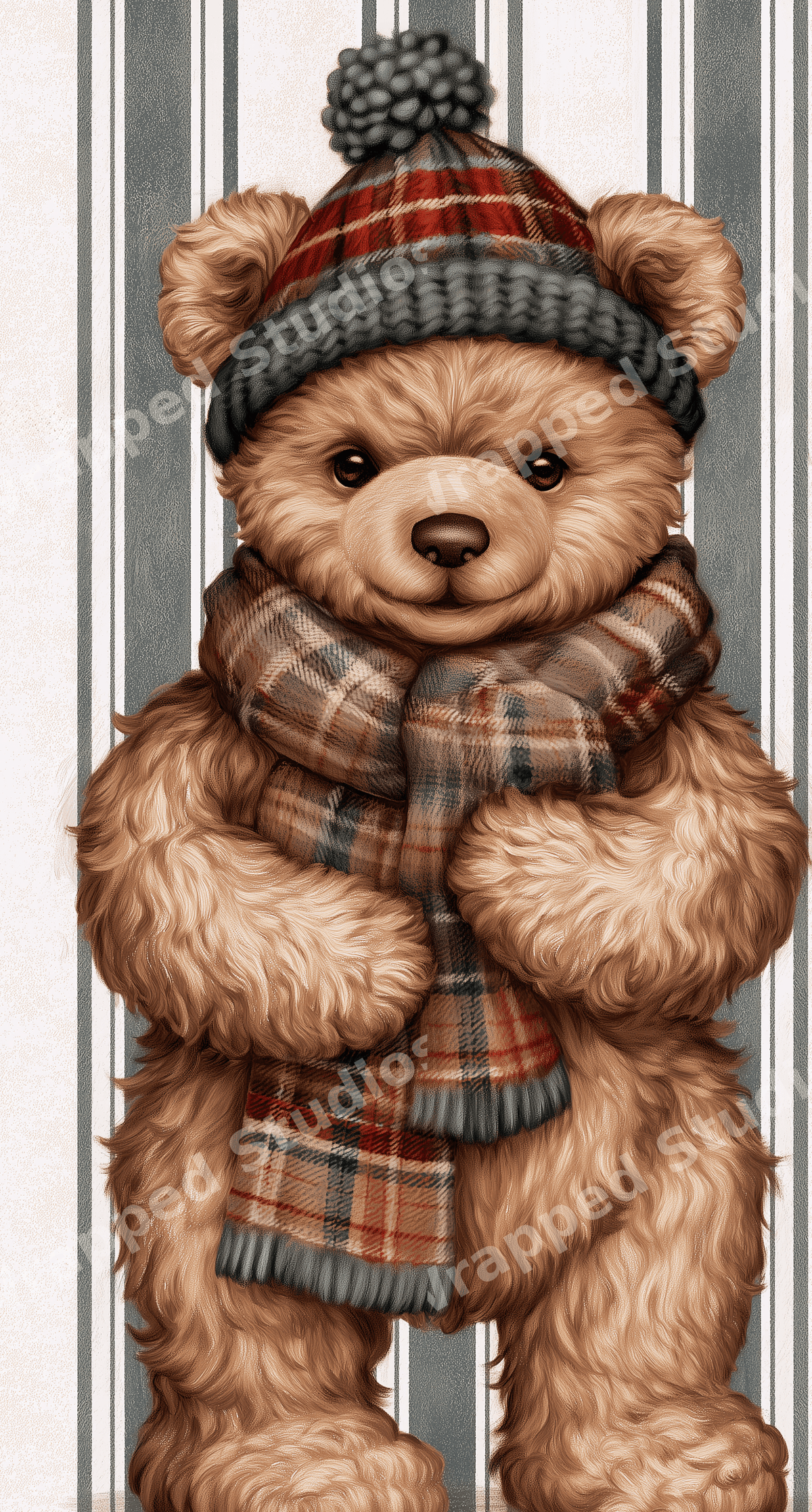 Vintage teddy bear pattern featuring a cozy bear in a plaid scarf and knit hat on a striped background.