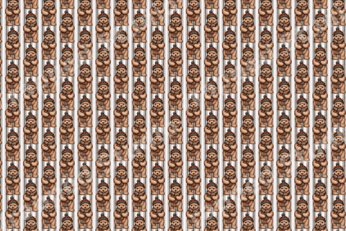 Vintage teddy bear pattern featuring cute brown bears in winter hats and scarves on grey vertical stripes.