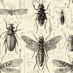 Seamless vintage entomology pattern featuring detailed insect illustrations on an aged paper background.