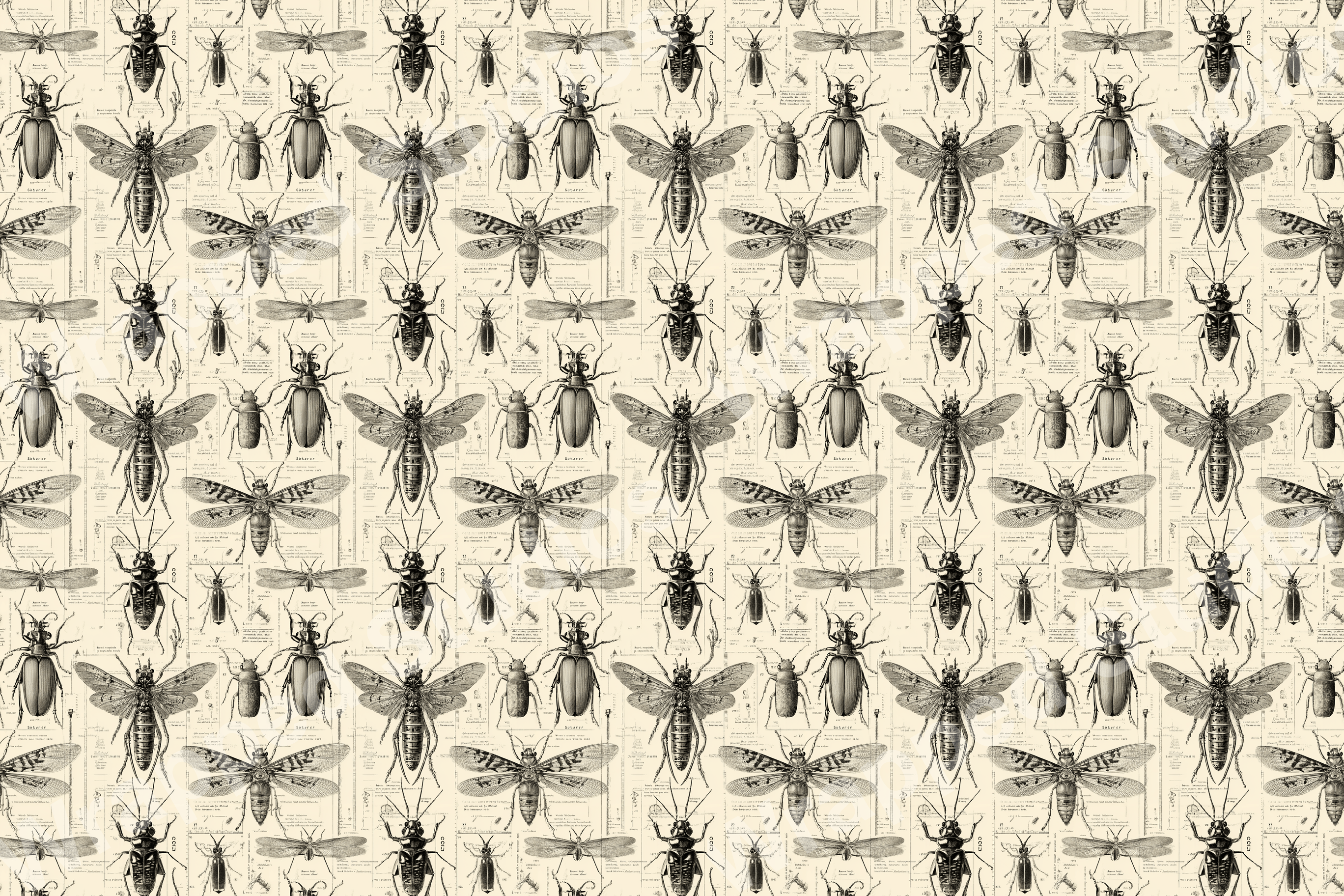 Vintage entomology pattern with detailed insect illustrations on a pale yellow background.